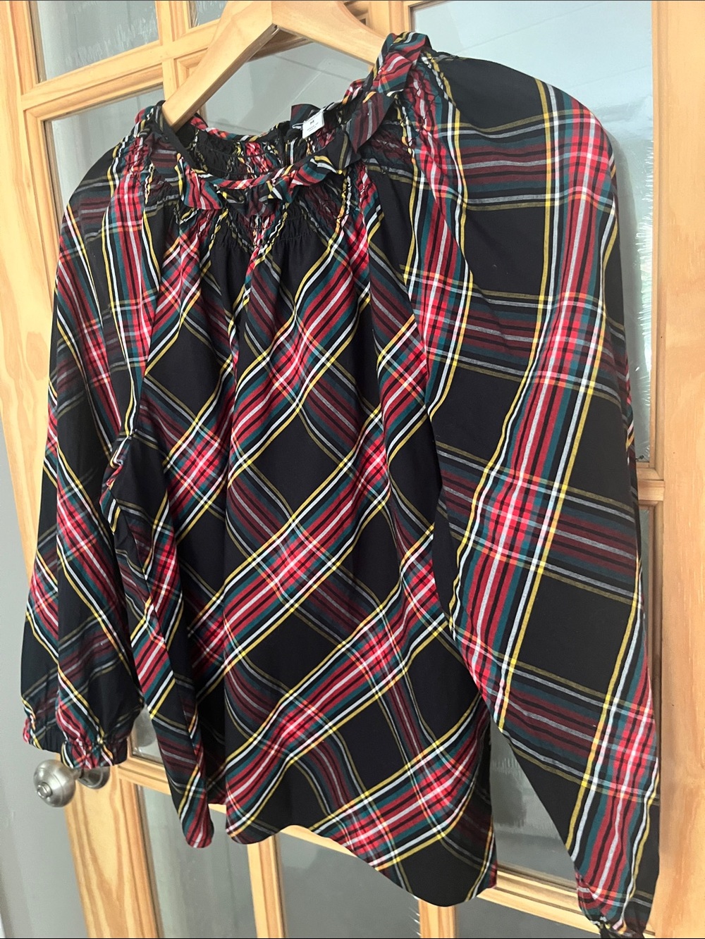 J.crew Smocked-neck cotton poplin top in black red tartan Plaid M cotton stretch